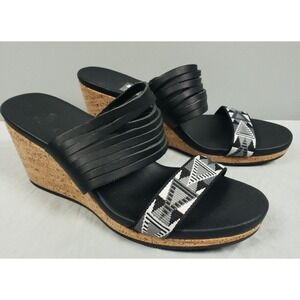 Teva Black‎ Leather Wedge Sandals with Woven Accent Straps Womens Size 9.5